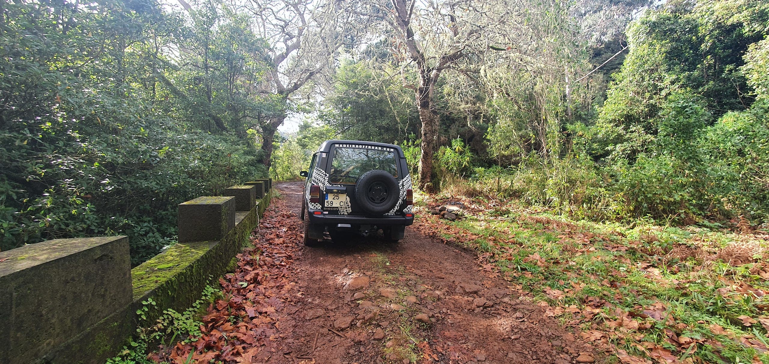 The Madeira Off Road Land Rover on a muddy forest track carpeted in autumn leaves